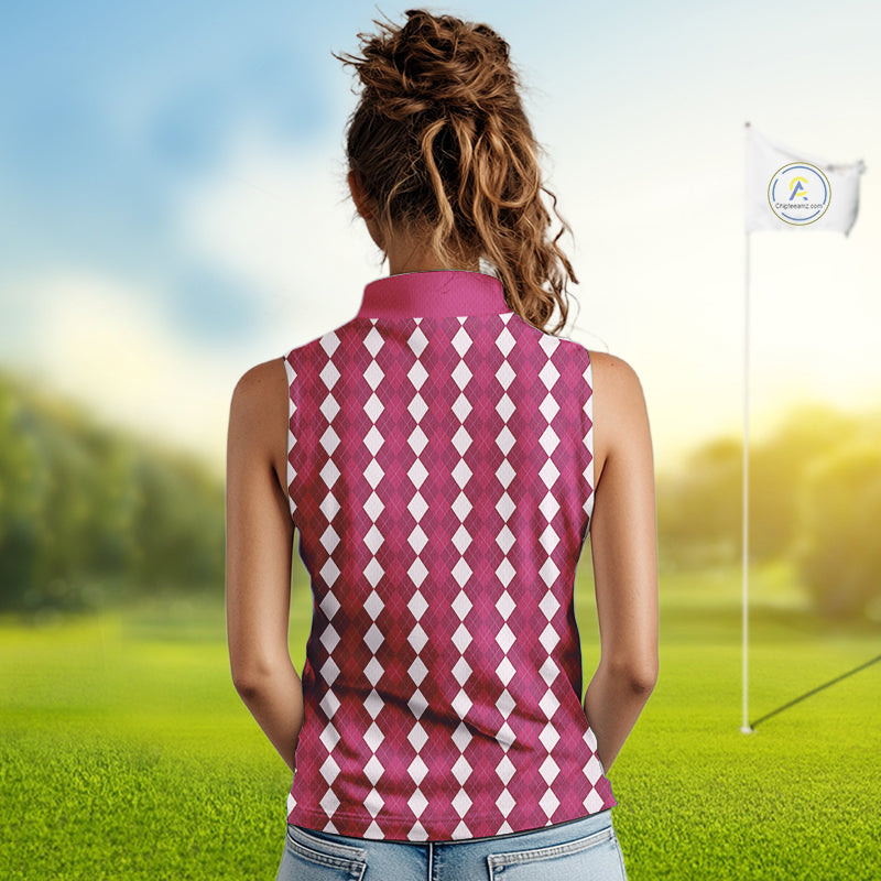 Sleeveless Womens Golf Polo Shirt Custom Photo Face Pink Argyle Plaid Pattern, Mother's Day Golfing Gifts NHT744