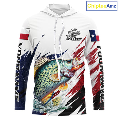 Custom Texas Flag Crappie Fishing Shirts, Texas Crappie Fishing Shirts Long Sleeve Hooded For Team NHT910