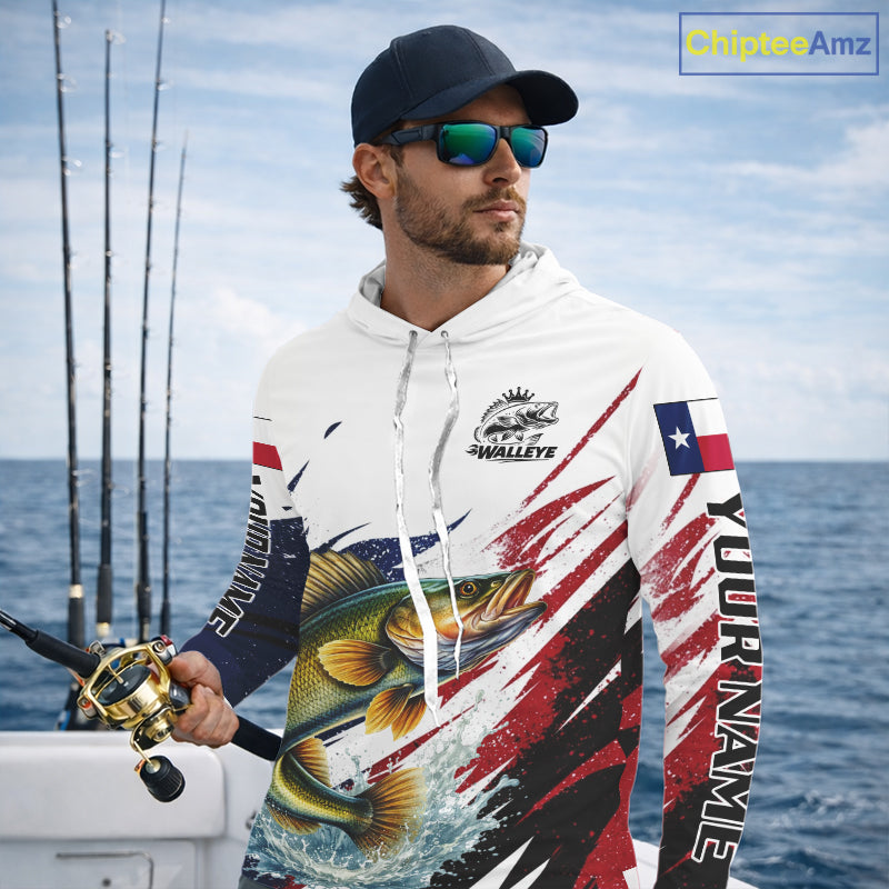 Custom Texas Flag Walleye Fishing Shirts, Texas Walleye Fishing Shirts Long Sleeve Hooded For Team NHT911