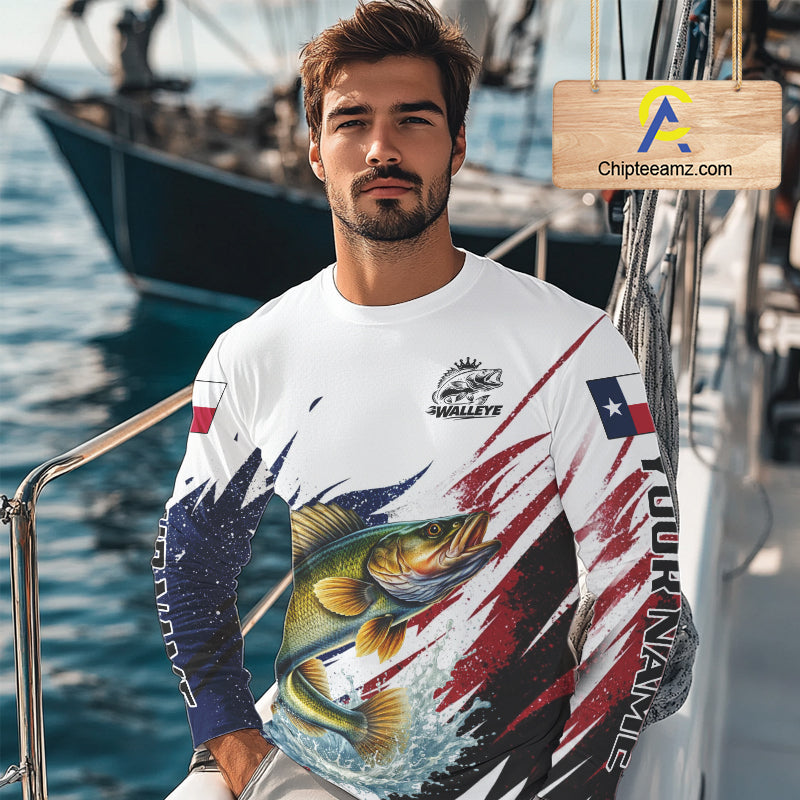 Custom Texas Flag Walleye Fishing Shirts, Texas Walleye Fishing Shirts Long Sleeve For Team NHT911
