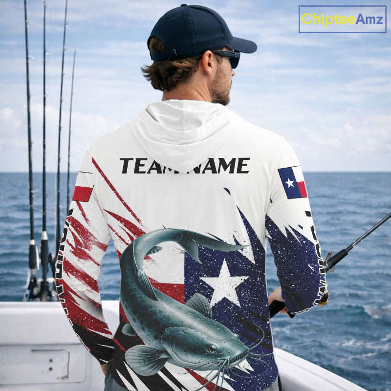 Custom Texas Flag Catfish Fishing Shirts, Texas Catfish Fishing Shirts Long Sleeve Hooded For Team NHT912