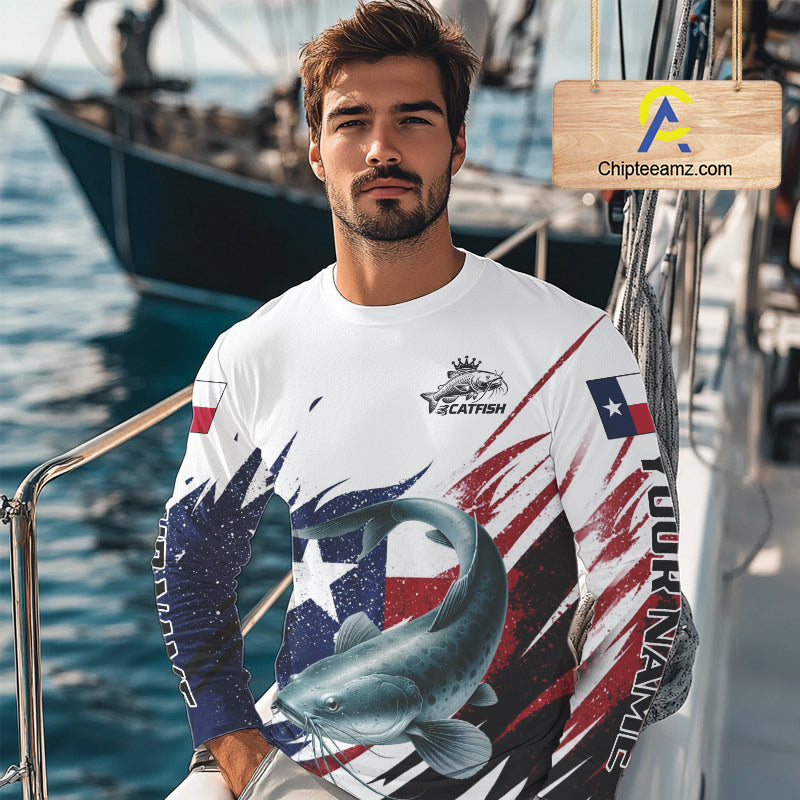 Custom Texas Flag Catfish Fishing Shirts, Texas Catfish Fishing Shirts Long Sleeve For Team NHT912