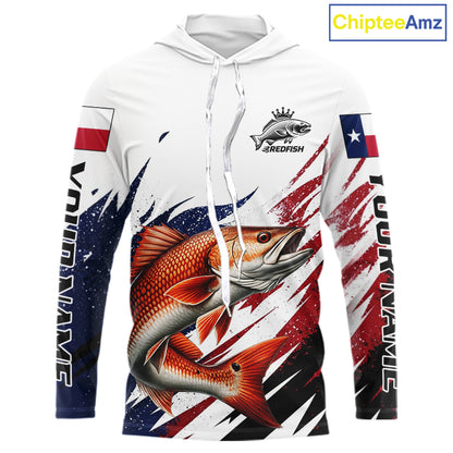 Custom Texas Flag Redfish Fishing Shirts, Texas Red Drum Fishing Shirts Long Sleeve Hooded For Team NHT913