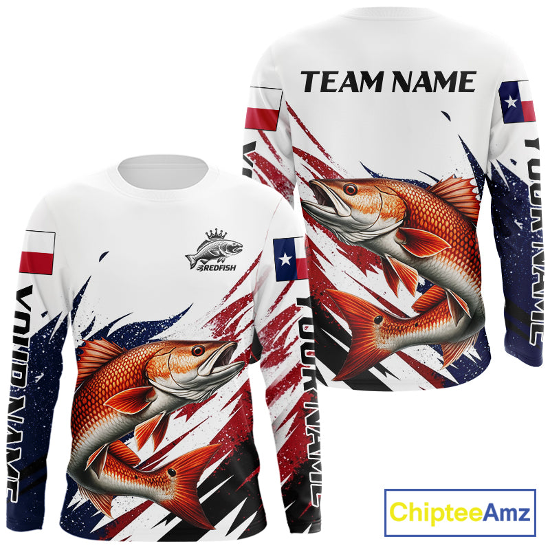 Custom Texas Flag Redfish Fishing Shirts, Texas Red Drum Fishing Shirts Long Sleeve For Team NHT913