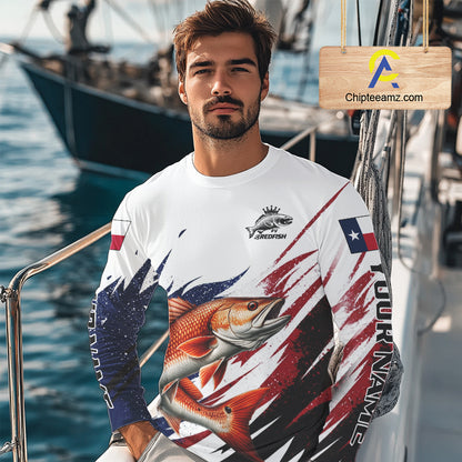 Custom Texas Flag Redfish Fishing Shirts, Texas Red Drum Fishing Shirts Long Sleeve For Team NHT913