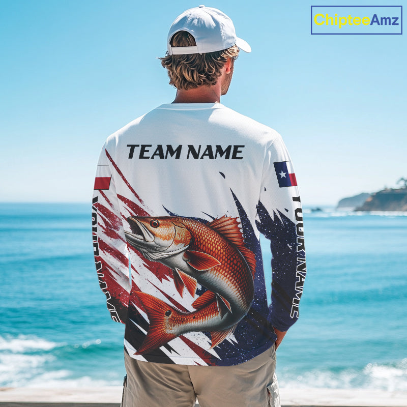 Custom Texas Flag Redfish Fishing Shirts, Texas Red Drum Fishing Shirts Long Sleeve For Team NHT913