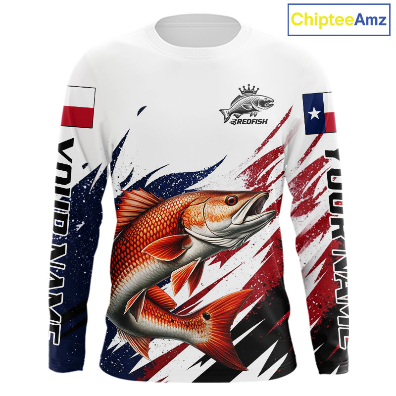 Custom Texas Flag Redfish Fishing Shirts, Texas Red Drum Fishing Shirts Long Sleeve For Team NHT913