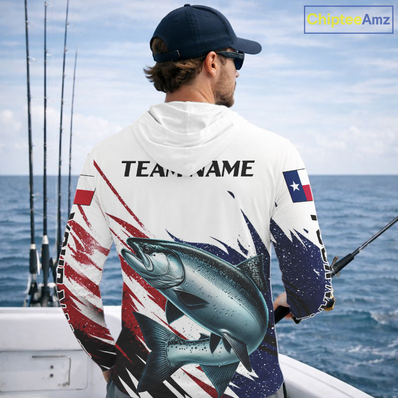 Custom Texas Flag Chinook Salmon Fishing Shirts, Texas Chinook Salmon Fishing Shirts Long Sleeve Hooded For Team NHT914