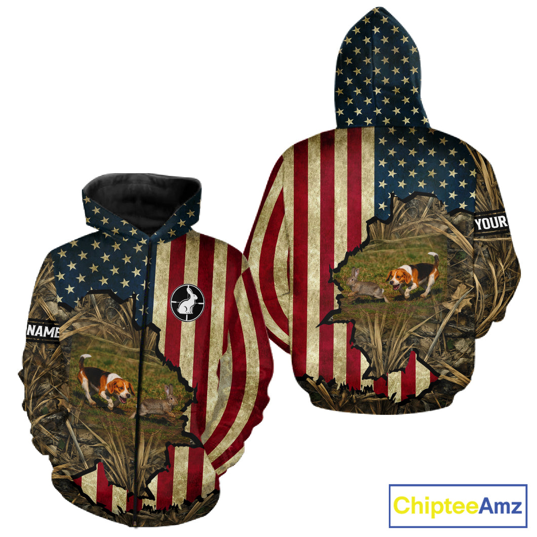 Beagle Dog Chasing Rabbit 3D American Flag Camo Custom Name Shirt, Rabbit Hunting Clothing NHT230