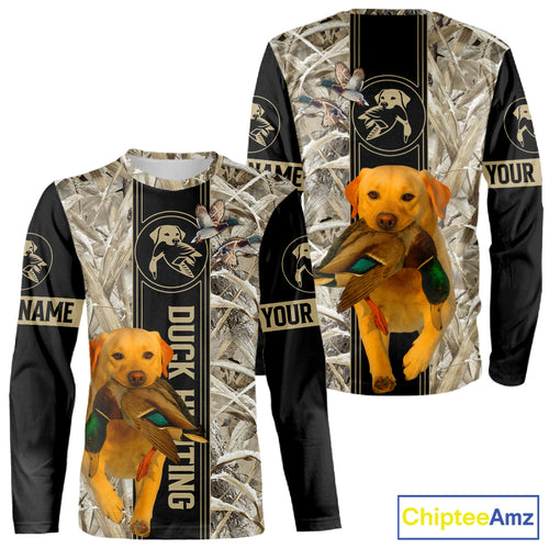 Yellow Lab Mallard Duck Hunting Winter Camo 3D Shirt, Custom Name Waterfowl Hunting Clothes NHT232