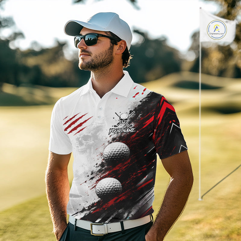 Personalized Skull Mens Golf Shirt Custom Name Family Team Outfits Cool Scratch Splatter Black Golf Polo NHT1239