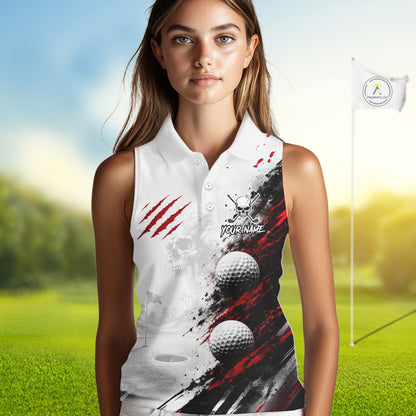 A sleeveless women's polo-style golf shirt with a white base and a dramatic black, red, and gray graphic print featuring golf balls, a hole scene, claw marks, and a skull-and-crossbones logo with placeholder text, shown on a female model against a blurred golf course background.