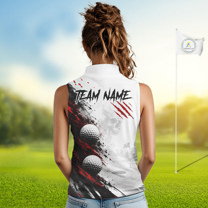A woman viewed from behind wearing a sleeveless white golf polo shirt with a large back graphic featuring golf balls, red claw marks, black text reading TEAM NAME, and a blurred golf course background with a flagstick.