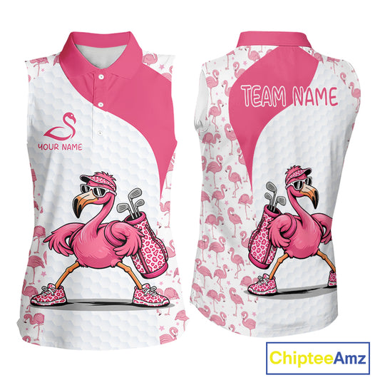 Funny Pink Flamingo Golf Womens Sleeveless Polo Shirt Custom Pink And White Golf Shirt For Team NHT545