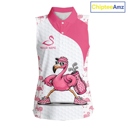 Funny Pink Flamingo Golf Womens Sleeveless Polo Shirt Custom Pink And White Golf Shirt For Team NHT545