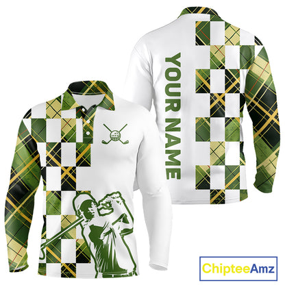 Personalized Green Tartan Plaid Mens Golf Polo Shirt, Custom Name Golf Shirt For Team NHT553