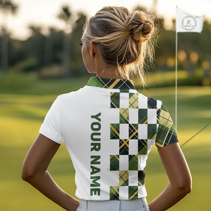 Personalized Green Tartan Plaid Womens Golf Polo Shirt, Custom Name Golf Shirt For Team  NHT553