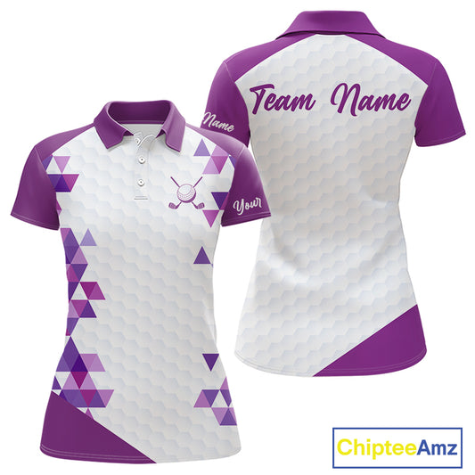 Custom Purple Geometric Womens Golf Polo Shirt, Personalized Team Name Golf Polo Shirt NHT554