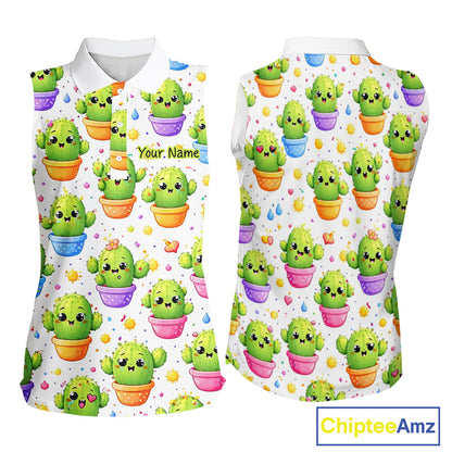 Funny Cactus Flower Pattern Womens Sleeveless Golf Polo Shirt, Cute Cartoon Plant Shirt Personalized, Colorful Succulent Shirt NHT556