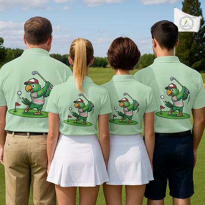 Four people wearing matching green shirts with a cartoon parrot design on a golf course.