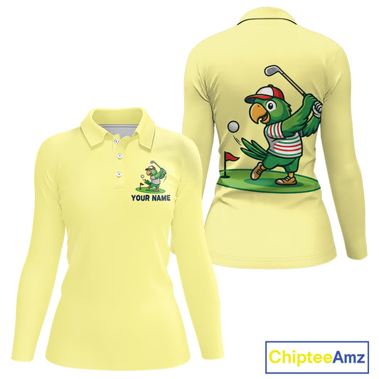 Personalized Womens Golf Polo Shirt Custom Name Funny Green Parrot Design|Yellow 
