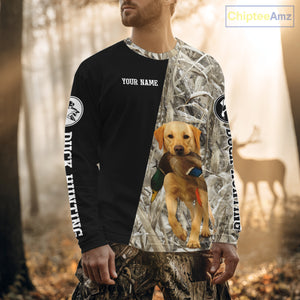 Yellow Lab Duck Hunting Shirt, Custom Name 3D Black Camo Winter Waterfowl Hunting Gear NHT233