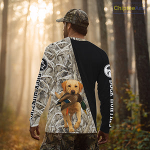 Yellow Lab Duck Hunting Shirt, Custom Name 3D Black Camo Winter Waterfowl Hunting Gear NHT233