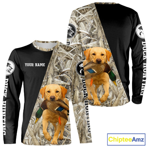 Yellow Lab Duck Hunting Shirt, Custom Name 3D Black Camo Winter Waterfowl Hunting Gear NHT233