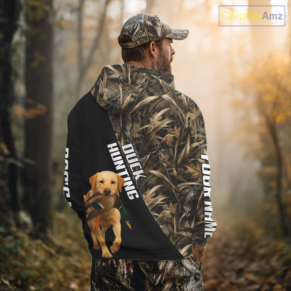 Waterfowl Duck Hunting With Yellow Lab Dogs, Custom Name All Over Print Shirts NHT234