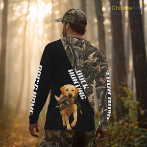 Waterfowl Duck Hunting With Yellow Lab Dogs, Custom Name All Over Print Shirts NHT234
