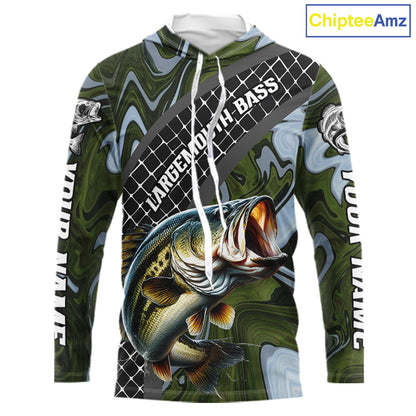 Largemouth Bass Hooded Fishing Shirt Long Sleeve Abstract Green Camo Performance Jersey For Men NHT922