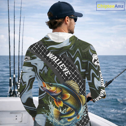 Walleye Hooded Fishing Shirt Long Sleeve Abstract Green Camo Performance Jersey For Men NHT923