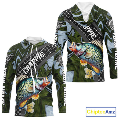 Crappie Hooded Fishing Shirt Long Sleeve Abstract Green Camo Performance Jersey For Men NHT924