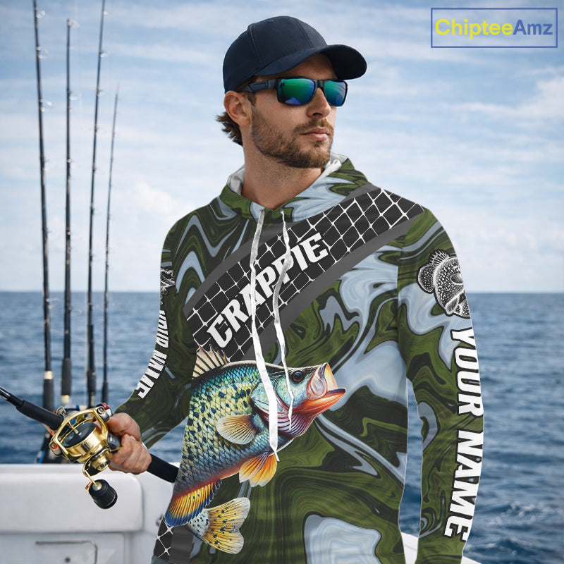 Crappie Hooded Fishing Shirt Long Sleeve Abstract Green Camo Performance Jersey For Men NHT924