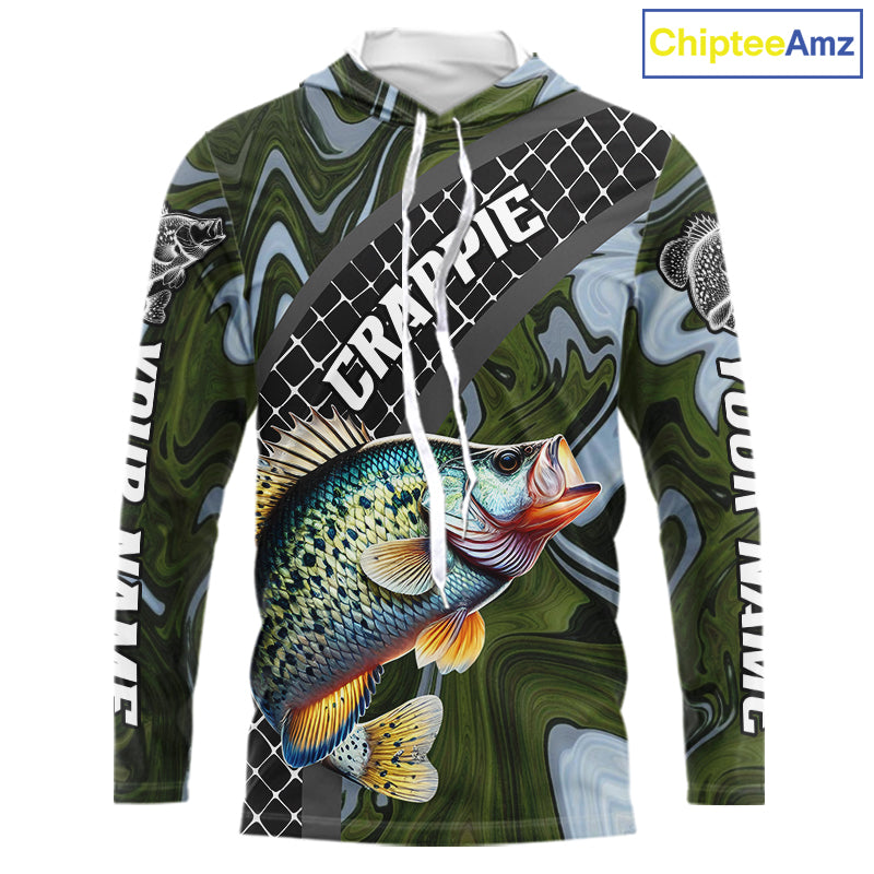 Crappie Hooded Fishing Shirt Long Sleeve Abstract Green Camo Performance Jersey For Men NHT924