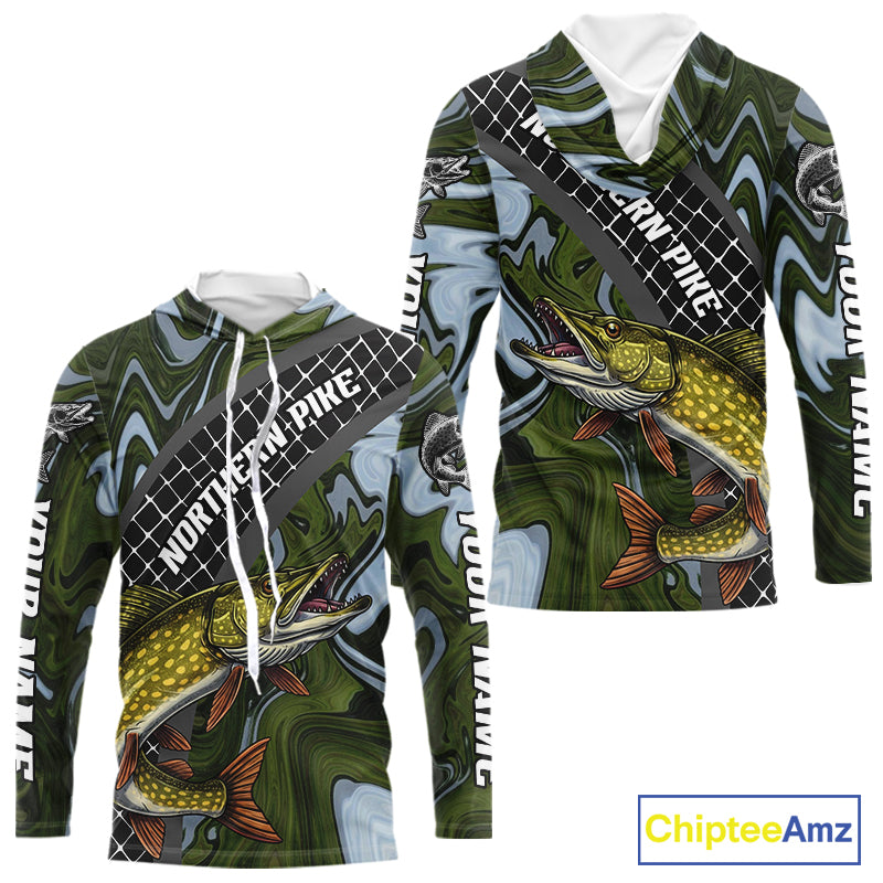 Northern Pike Hooded Fishing Shirt Long Sleeve Abstract Green Camo Performance Jersey For Men NHT925