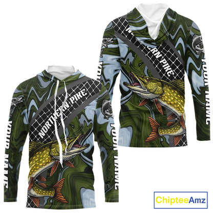 Northern Pike Hooded Fishing Shirt Long Sleeve Abstract Green Camo Performance Jersey For Men NHT925