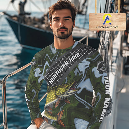 Northern Pike Fishing Shirts Long Sleeve Abstract Green Camo Performance Jersey For Men NHT925