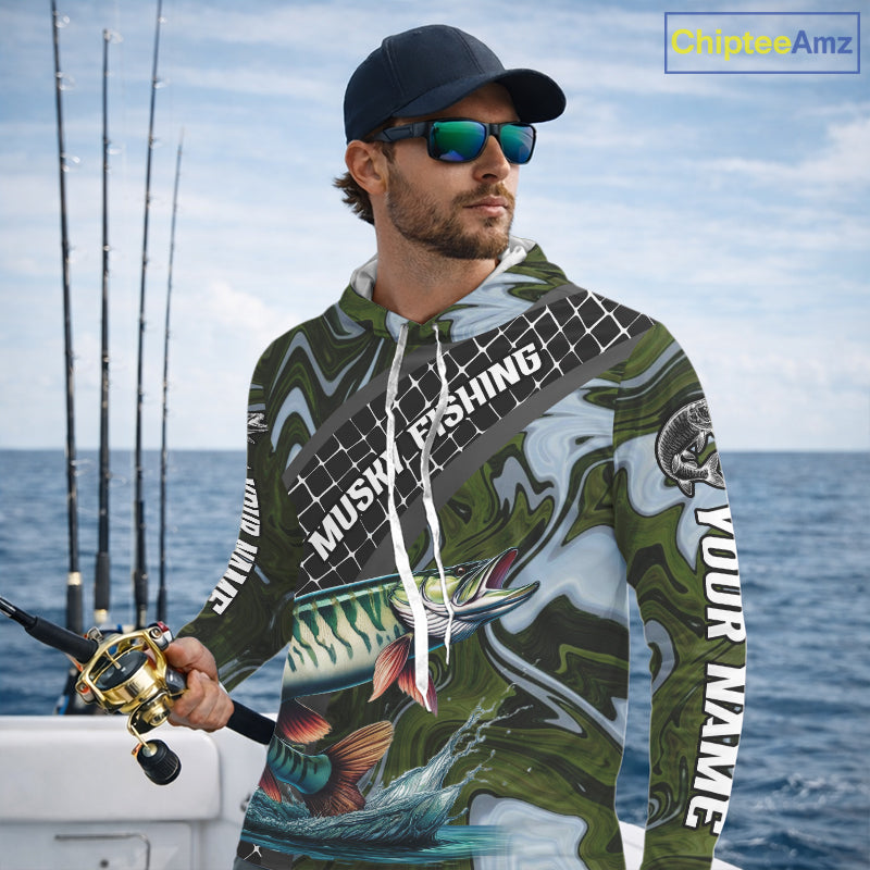 Northern Musky Hooded Fishing Shirt Long Sleeve Abstract Green Camo Performance Jersey For Men NHT926