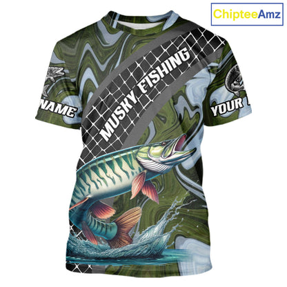 Northern Musky Short Sleeve Fishing T-Shirt Abstract Green Camo Performance Jersey For Men NHT926