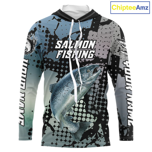 Chinook Salmon Hooded Fishing Shirt Gray Camo Custom Name, Chinook Salmon Fishing Team Jerseys NHT478