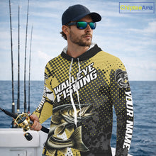 Load image into Gallery viewer, Personalized Walleye Fishing Shirts Long Sleeve Hooded, Yellow Camo Walleye Fishing Shirts NHT483