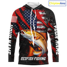 Load image into Gallery viewer, Patriotic Redfish Fishing Jersey, Fishing Shirts Hooded Long Sleeve Custom Name For Men NHT485