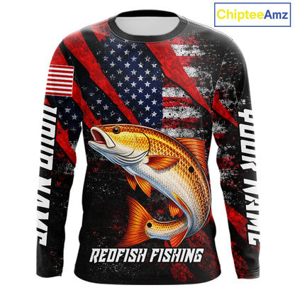 Patriotic Redfish Fishing Jersey, Fishing Shirts Long Sleeve Custom Name For Men NHT485