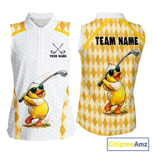 Custom Yellow & White Funny Duck Golf Shirt For Womens Sleeveless, Golf Jersey Argyle Pattern For Womens NHT559