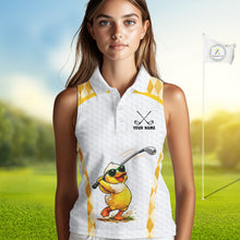 Load image into Gallery viewer, Custom Yellow &amp; White Funny Duck Golf Shirt For Womens Sleeveless, Golf Jersey Argyle Pattern For Womens NHT559