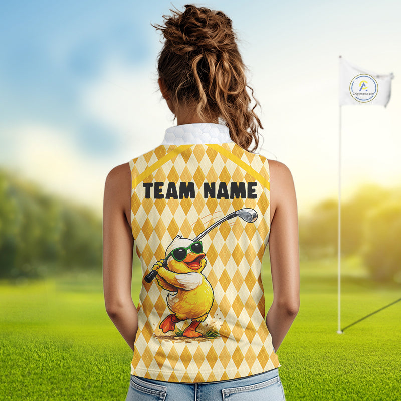 Custom Yellow & White Funny Duck Golf Shirt For Womens Sleeveless, Golf Jersey Argyle Pattern For Womens NHT559
