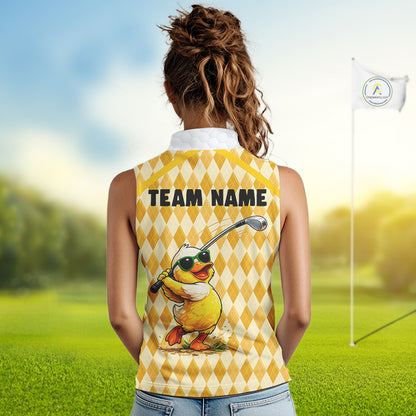 Custom Yellow & White Funny Duck Golf Shirt For Womens Sleeveless, Golf Jersey Argyle Pattern For Womens NHT559