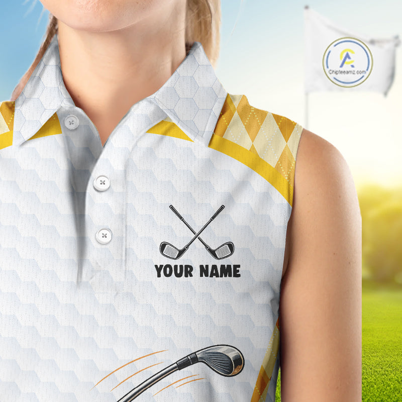 Custom Yellow & White Funny Duck Golf Shirt For Womens Sleeveless, Golf Jersey Argyle Pattern For Womens NHT559