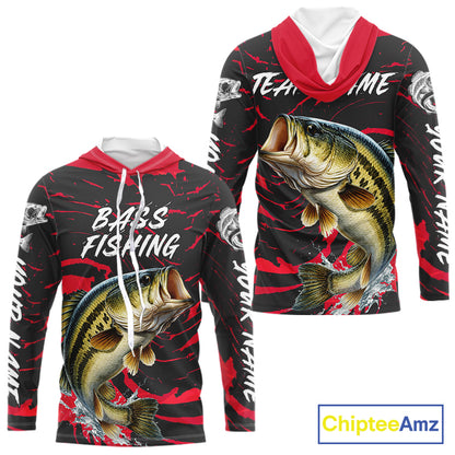 Custom Largemouth Bass Fishing Shirts Long Sleeve Hooded – Performance Tournament Jersey For Men| Red NHT769